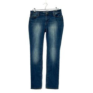 DKNY Curvy Skinny Medium Wash Jeans 5 Pkt Leather Badge Sandblast Look Size 10